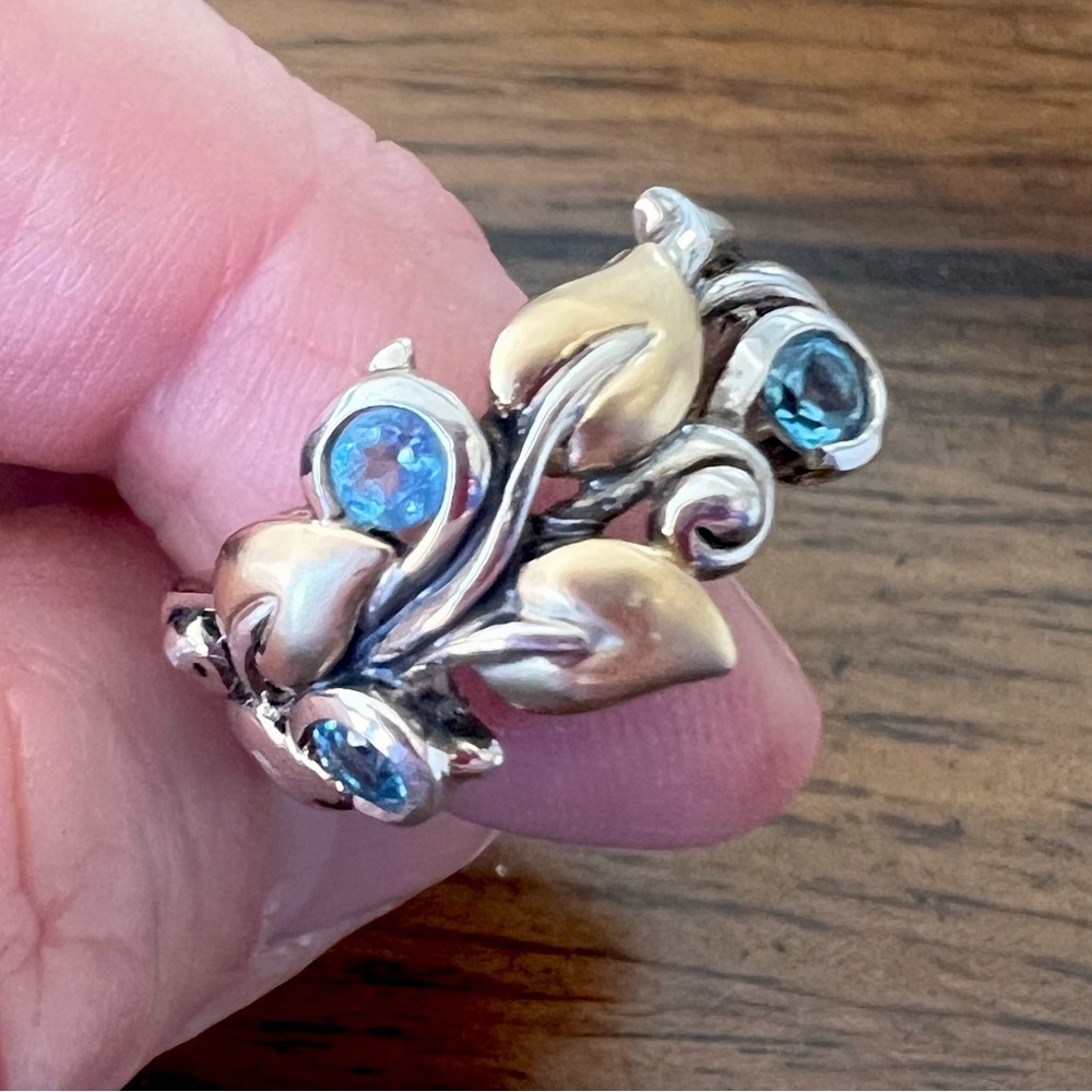 Victorian Vine Scroll Ring 925 Silver and 18k gold with topaz